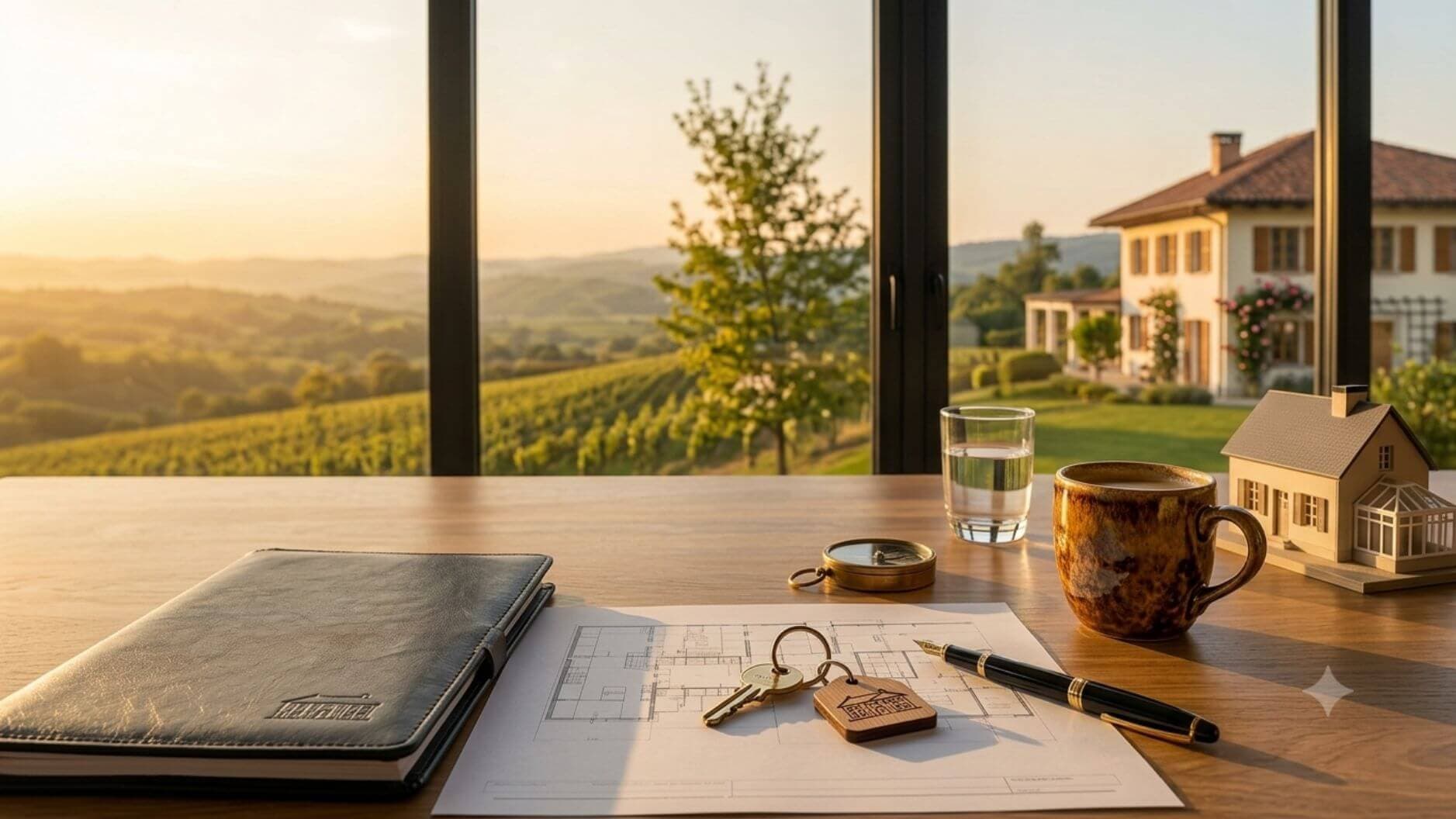 Schreibtisch mit Grundriss, Schlüsseln und Hausmodell vor einem Fenster mit Blick über Weinberge auf ein Landhaus
