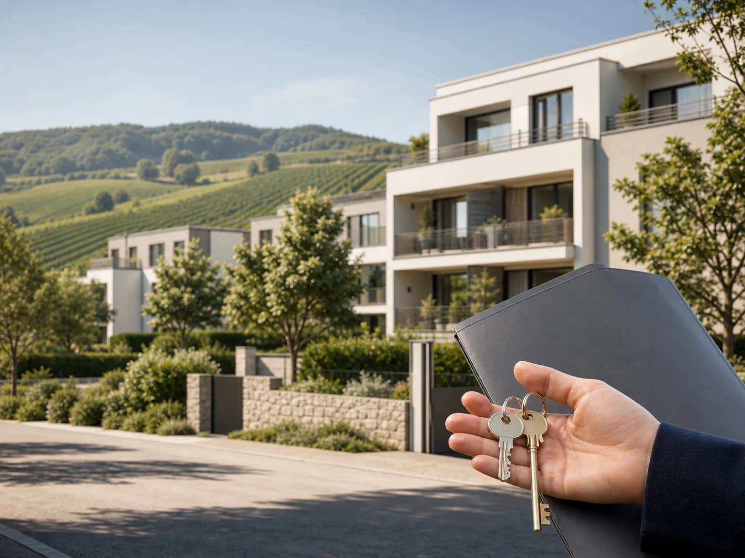 Schlüssel und Immobilienunterlagen vor einem Wohngebäude im Markgräflerland