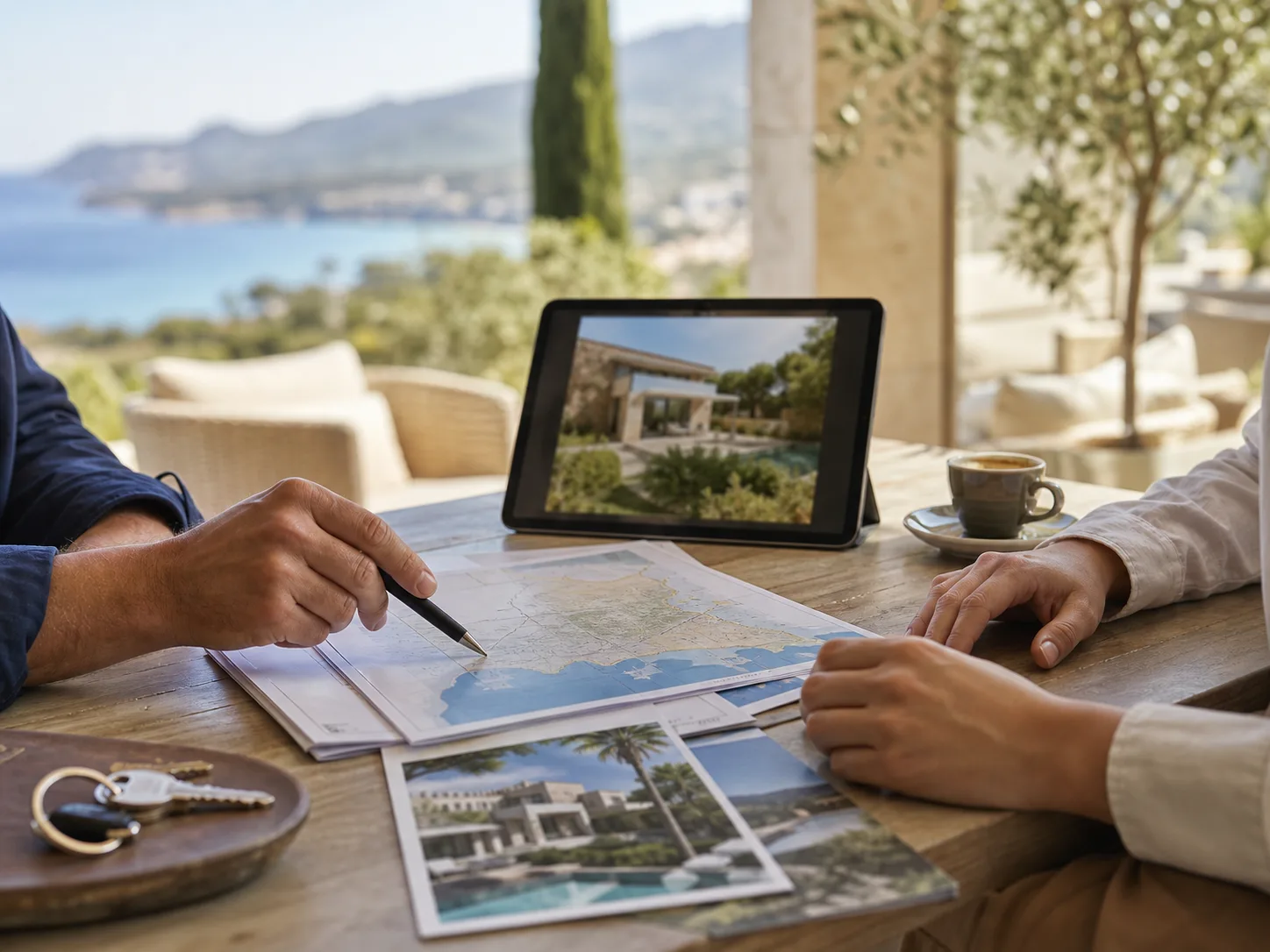 Beratung zu Mallorca Immobilien mit Tablet, Unterlagen, Schlüsseln und mediterranem Licht