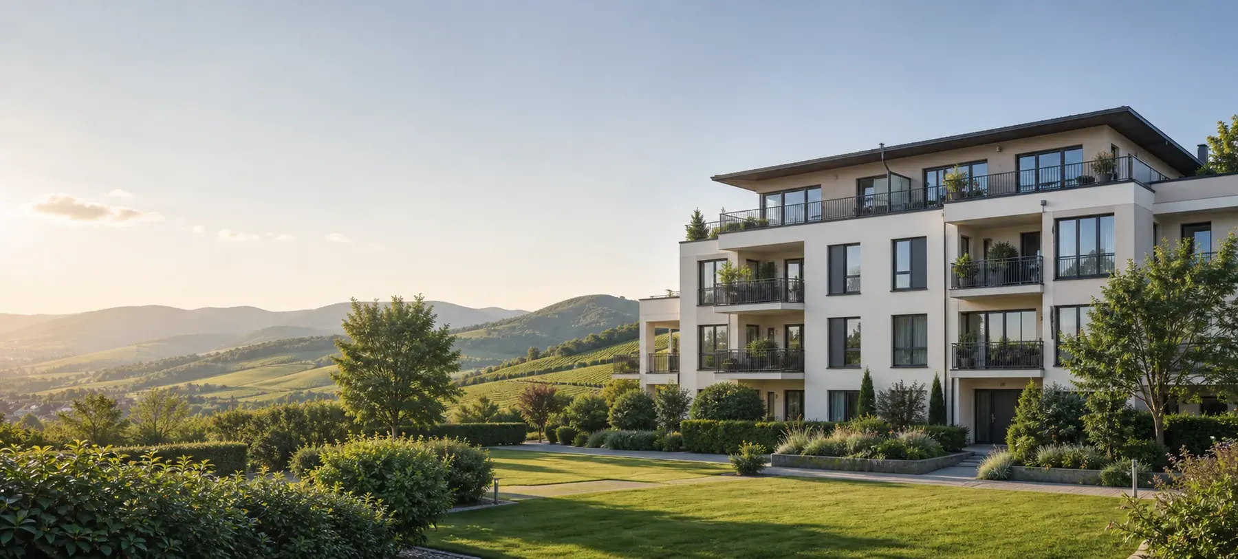 Gepflegte Wohnanlage mit Blick in die Weinlandschaft des Markgräflerlands