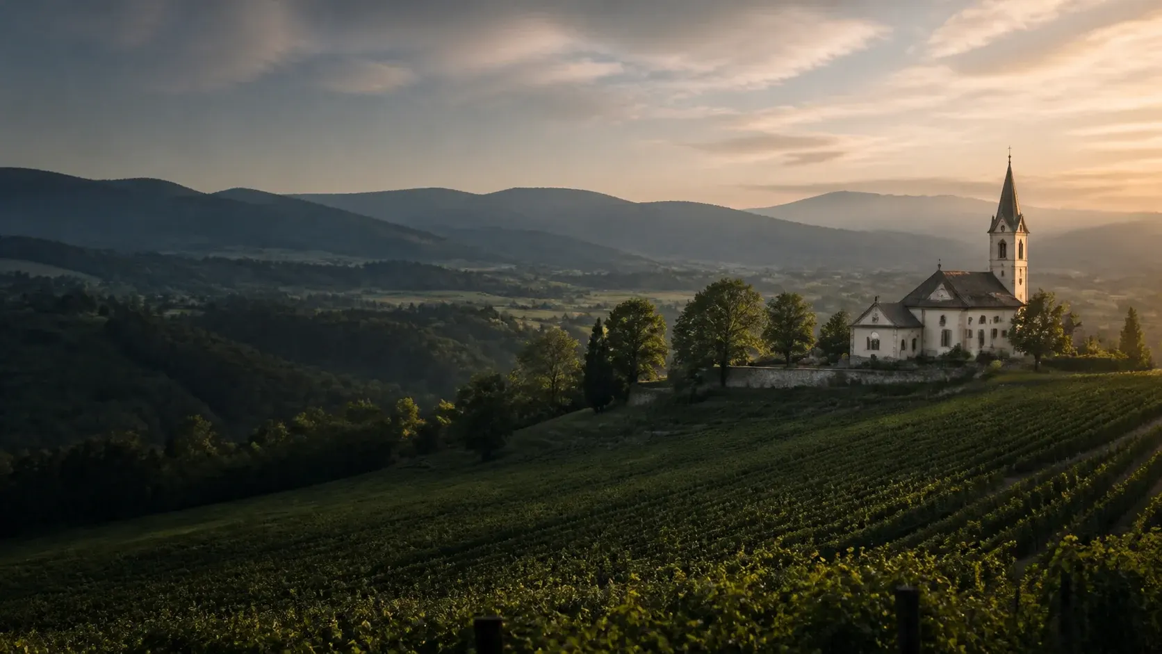 Weinberge und Dorfkirche im Markgräflerland im Morgenlicht
