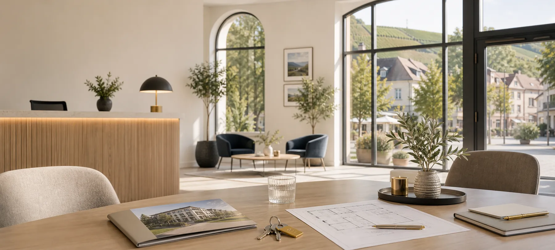 Helles Immobilienbüro in Neuenburg mit Beratungstisch, Grundriss und Blick ins Markgräflerland