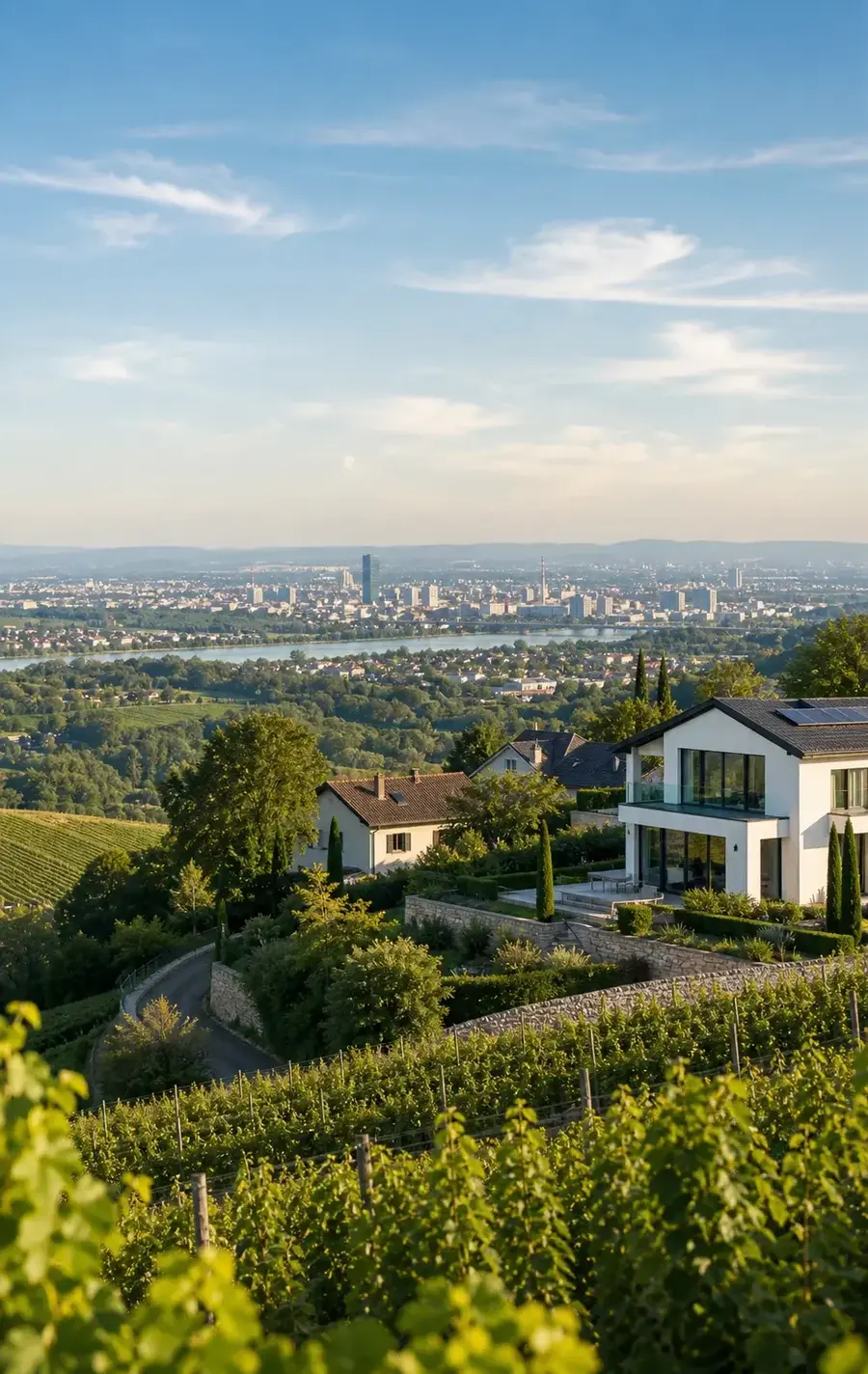 Wohnhäuser in den Weinbergen mit Blick über die Rheinebene Richtung Basel