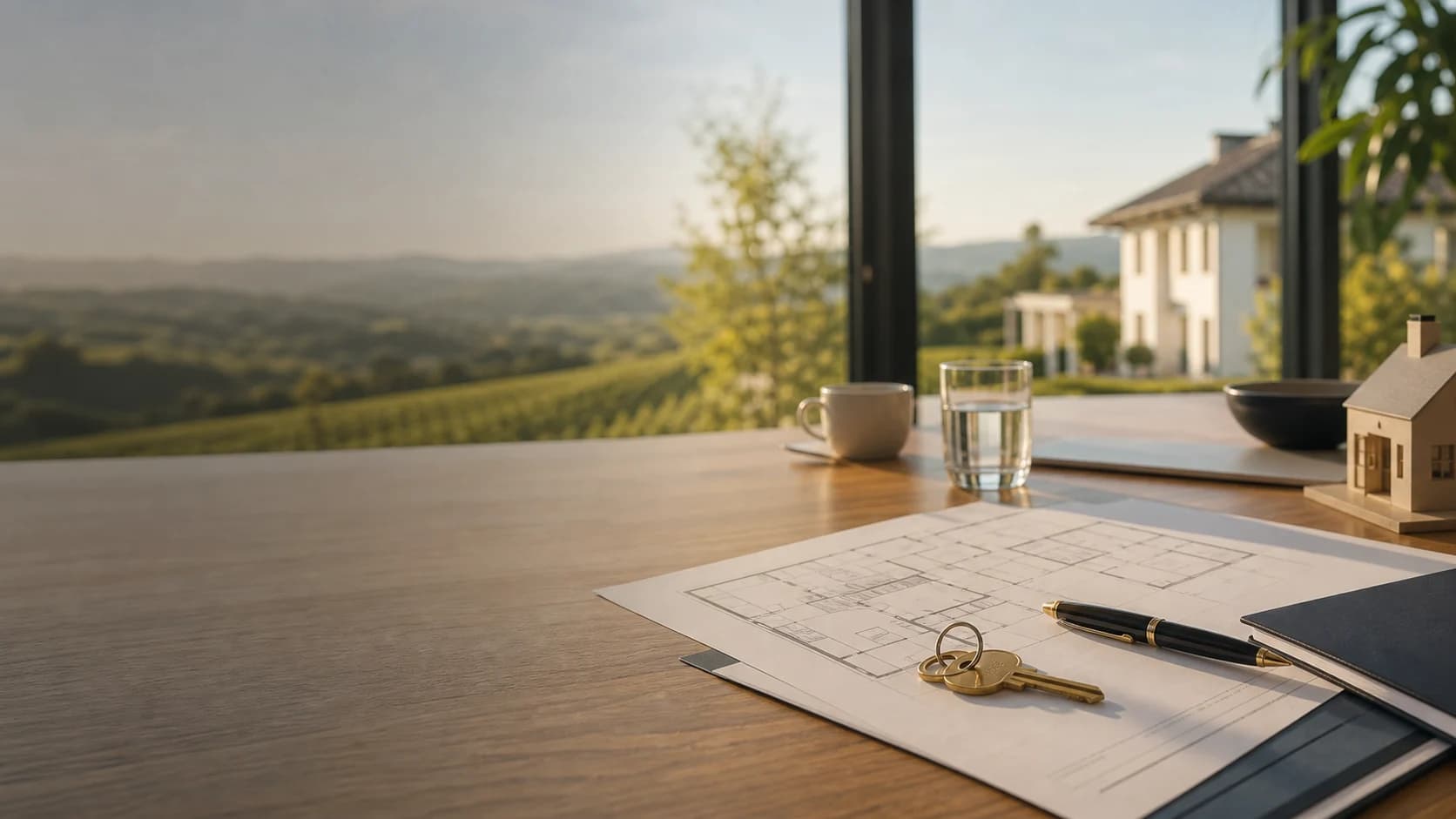 Immobilienberatung mit Grundriss, Schlüsseln und Blick ins Markgräflerland